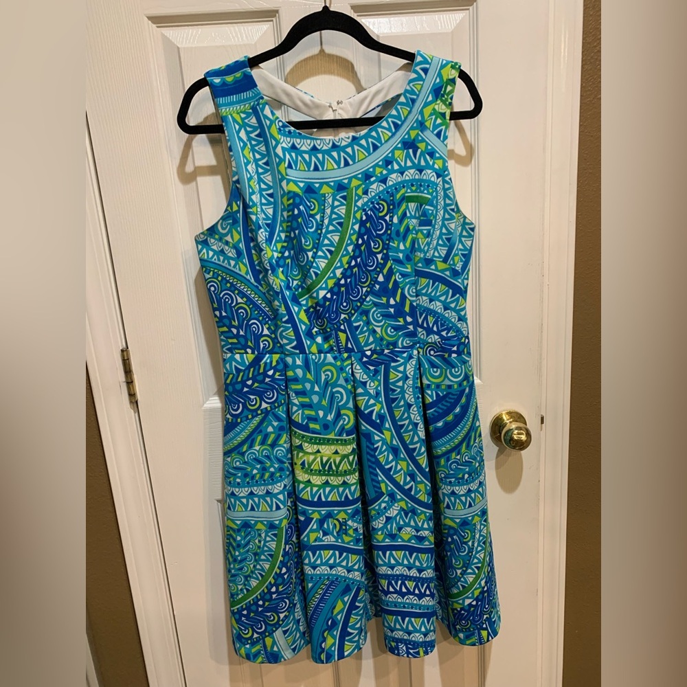 Sandra Darren Blue & Green Sleeveless Fit-and-Flare Mini Dress